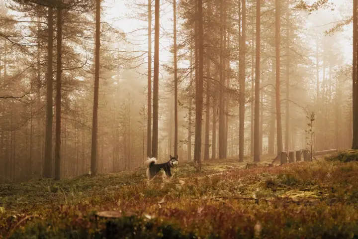Husky standing in a misty golden forest